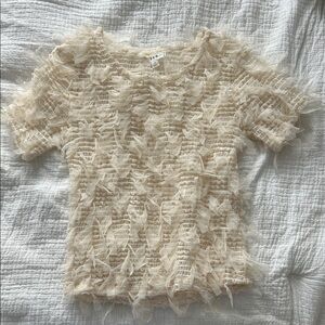 Sheer Beige Ruffle Short Sleeve Top by E&M